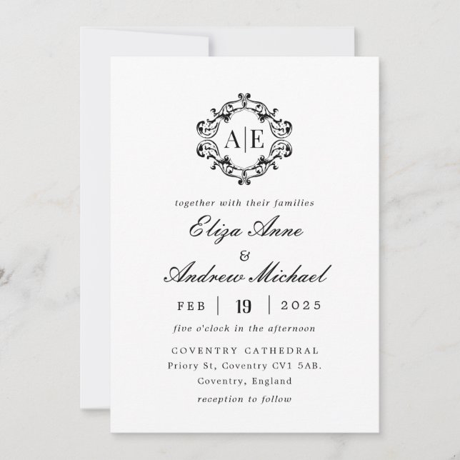 Invitación Boda Monograma de Escudo blanco y negro antiguo (Anverso)