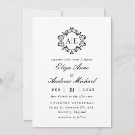 Invitación Boda Monograma de Escudo blanco y negro antiguo