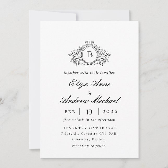 Invitación Boda Monograma de Escudo blanco y negro clásico de (Anverso)