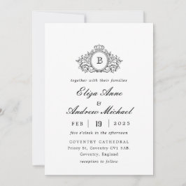 Invitación Boda Monograma de Escudo blanco y negro clásico de