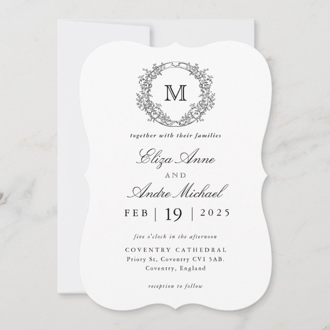 Invitación Boda Monograma de Escudo de cosecha negra y blanca (Anverso)