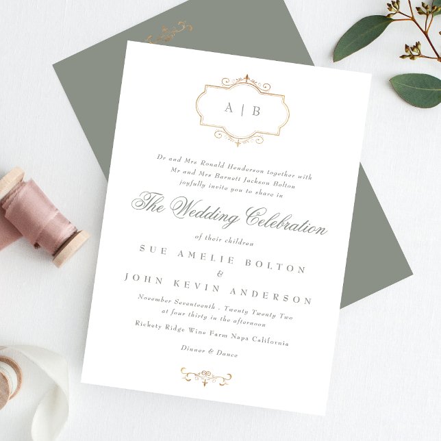 Invitación boda monograma de escudo de oro de sabio verde clá (Subido por el creador)