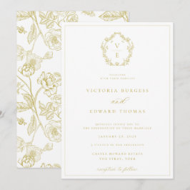 Invitación Boda Monograma de Escudo de oro Vintage