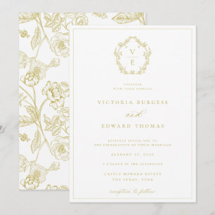 Invitación Boda Monograma de Escudo de oro Vintage