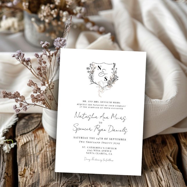 Invitación Boda Monograma de Escudo floral blanco/negro forma (Subido por el creador)