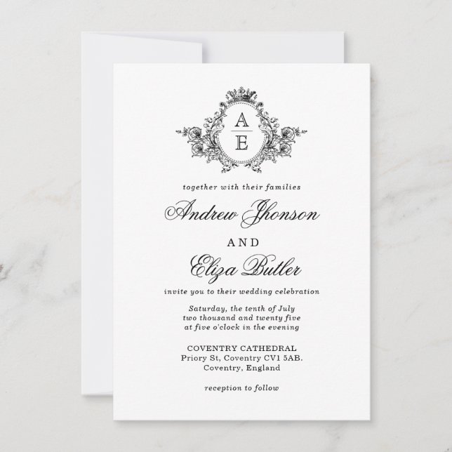Invitación Boda Monograma de Escudo floral blanco y negro (Anverso)