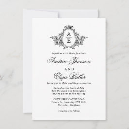 Invitación Boda Monograma de Escudo floral blanco y negro