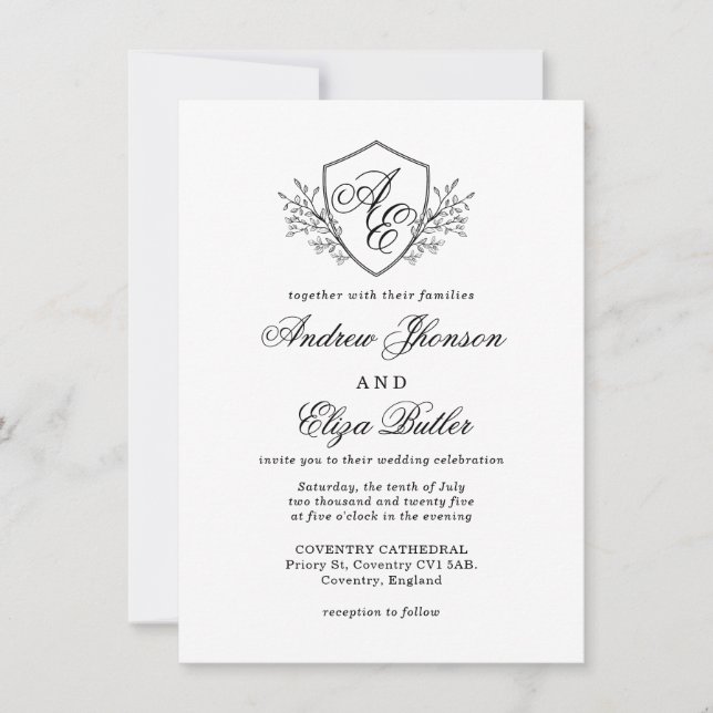 Invitación Boda Monograma de Escudo floral blanco y negro (Anverso)
