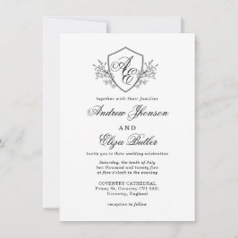Invitación Boda Monograma de Escudo floral blanco y negro