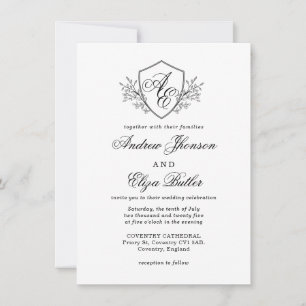 Invitación Boda Monograma de Escudo floral blanco y negro