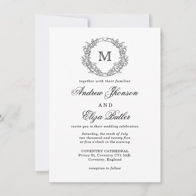 Invitación Boda Monograma de Escudo floral blanco y negro (Anverso)