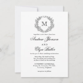 Invitación Boda Monograma de Escudo floral blanco y negro