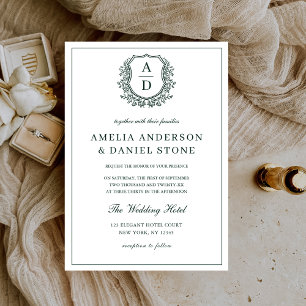 Invitación Boda Monograma de Escudo Floral de Leafy Verde Esm