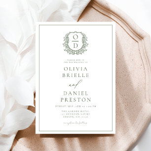 Invitación Boda Monograma de Escudo Floral de Leafy Verde Sag
