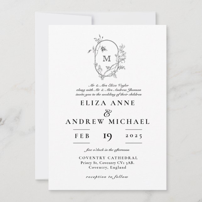 Invitación Boda Monograma de Escudo floral formal (Anverso)