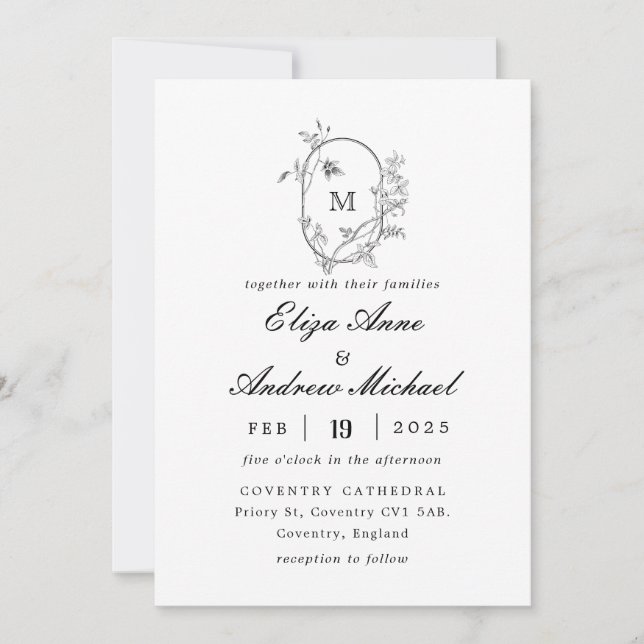 Invitación Boda Monograma de Escudo floral formal (Anverso)