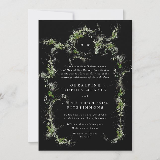 Invitación Boda Monograma de eucalipto blanco negro (Anverso)