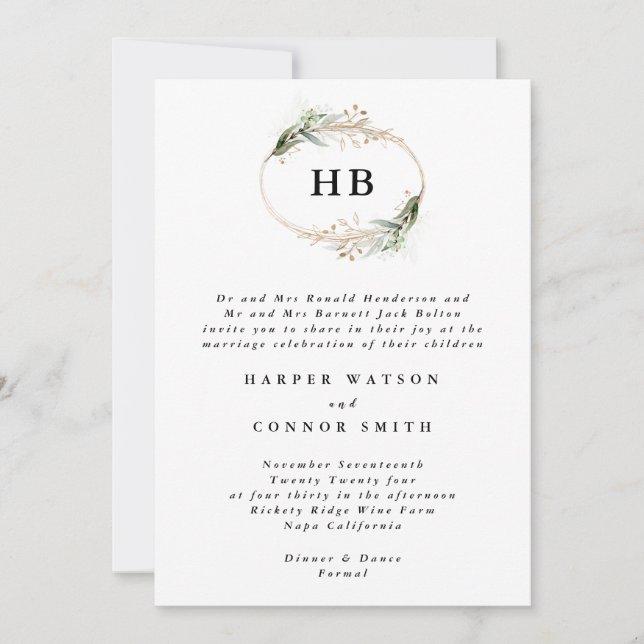 Invitación Boda Monograma de eucalipto dorado (Anverso)