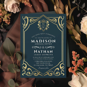 Invitación Boda Monograma de Fantasía Medieval Azul