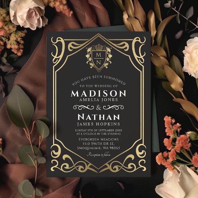 Invitación Boda Monograma de Fantasía Medieval Real Negra (Subido por el creador)