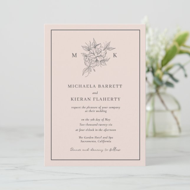 Invitación Boda monograma de flor botánica rosa Rubor (Anverso de pie)
