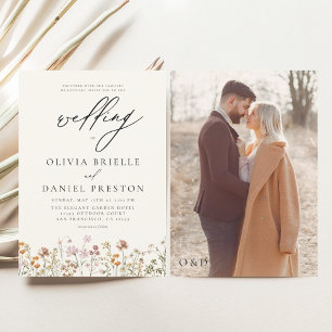 Invitación Boda Monograma de Flor Silvestre Beige Foto Boho