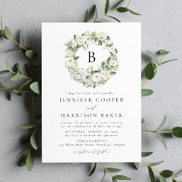 Invitación Boda Monograma de Flores Blancas y Verdor