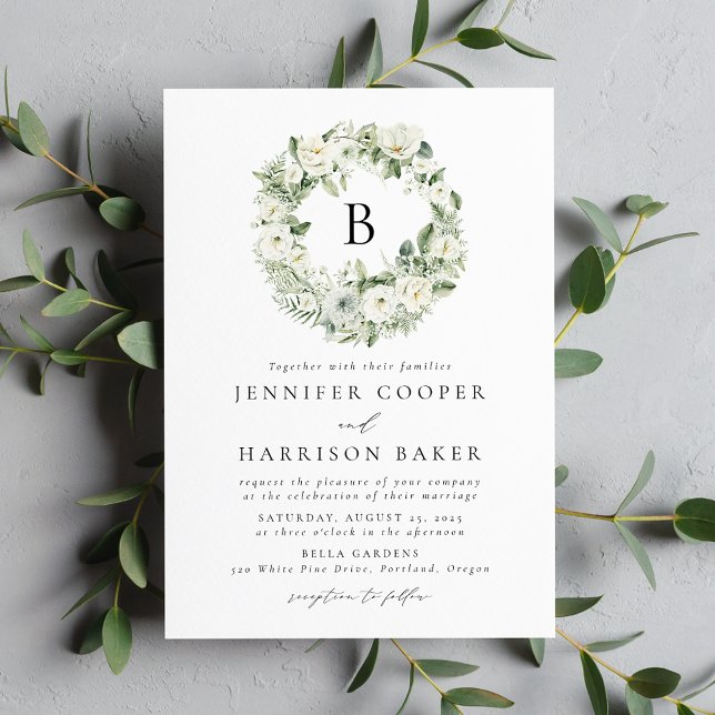 Invitación Boda Monograma de Flores Blancas y Verdor (Subido por el creador)