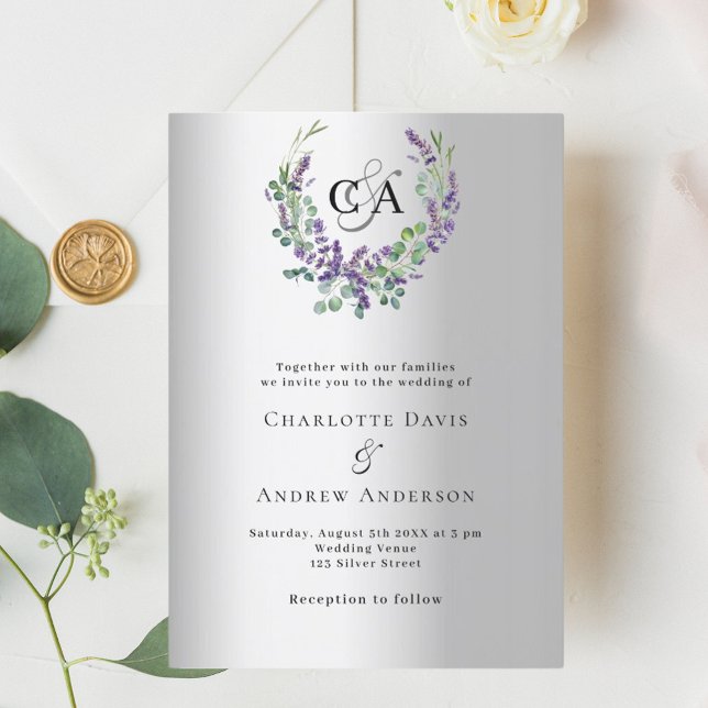 Invitación Boda monograma de flores de lavanda plateada (Subido por el creador)