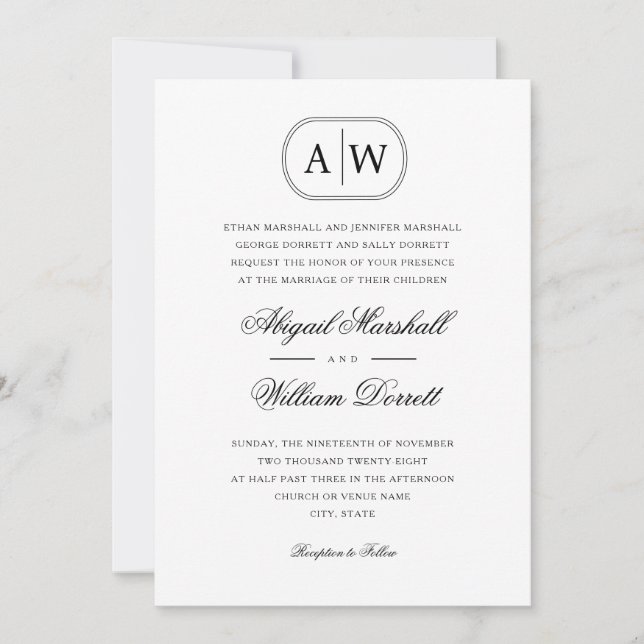 Invitación Boda Monograma de fotografía blanco negro (Anverso)