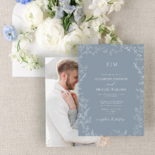 Invitación Boda monograma de fotografía con hoja mínima azul 