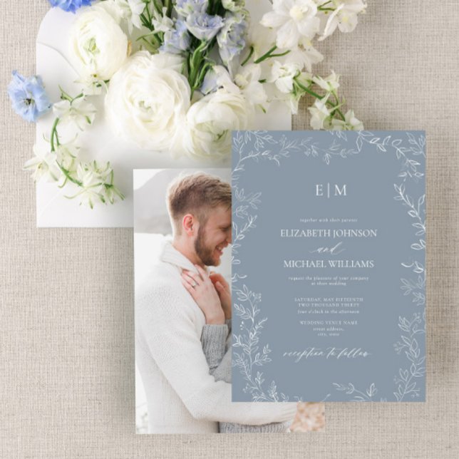 Invitación Boda monograma de fotografía con hoja mínima azul  (Subido por el creador)