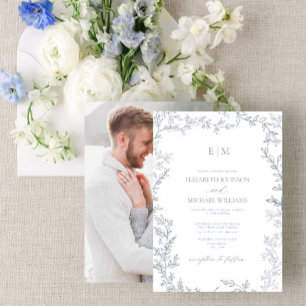 Invitación Boda monograma de fotografía con hoja mínima azul