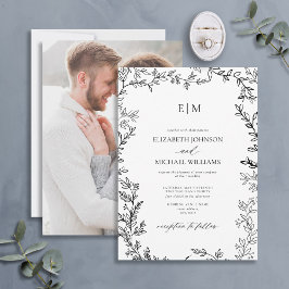 Invitación Boda Monograma de fotografía de hoja mínima blanca