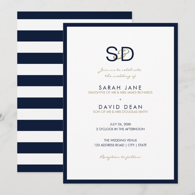 Invitación Boda monograma de franja blanca y azul de la marin (Anverso / Reverso)