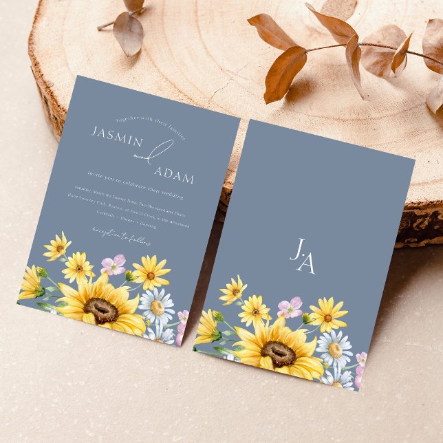 Invitación Boda Monograma de girasol azul turbio de verano (Summer Dusty Blue Sunflowers Monogram Wedding Invitation)