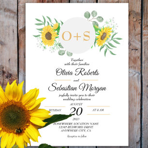 Invitación Boda Monograma de girasoles acuarela