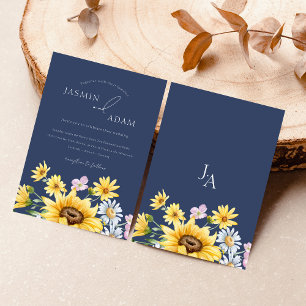 Invitación Boda Monograma de girasoles azules de la marina de
