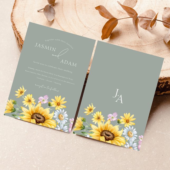 Invitación Boda Monograma de girasoles verdes veraniegos (Summer Sage Green Sunflowers Monogram Wedding Invitation)