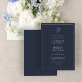 Invitación Boda monograma de guión azul de la marina clásica