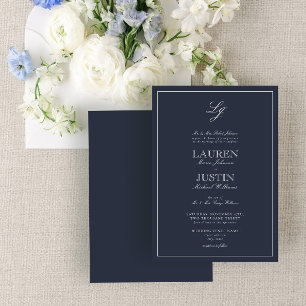 Invitación Boda monograma de guión azul de la marina clásica