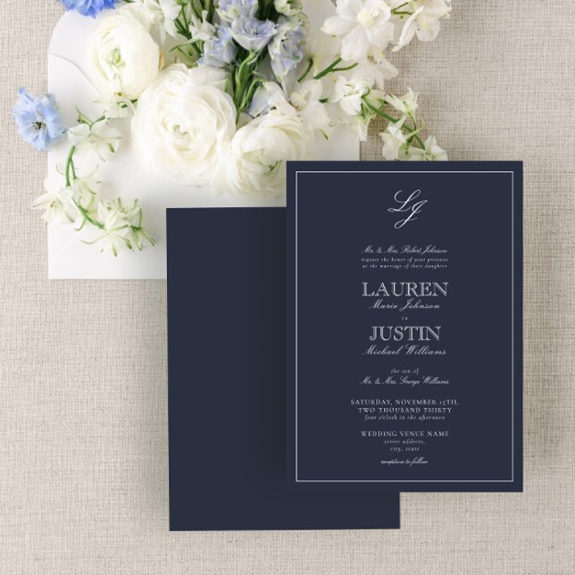 Invitación Boda monograma de guión azul de la marina clásica (Subido por el creador)