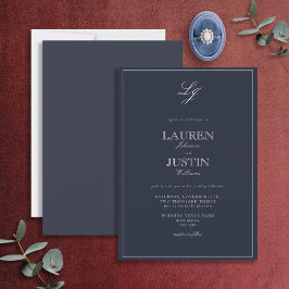 Invitación Boda monograma de guión azul de la marina clásica