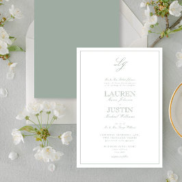 Invitación Boda monograma de guión verde de sabio clásico