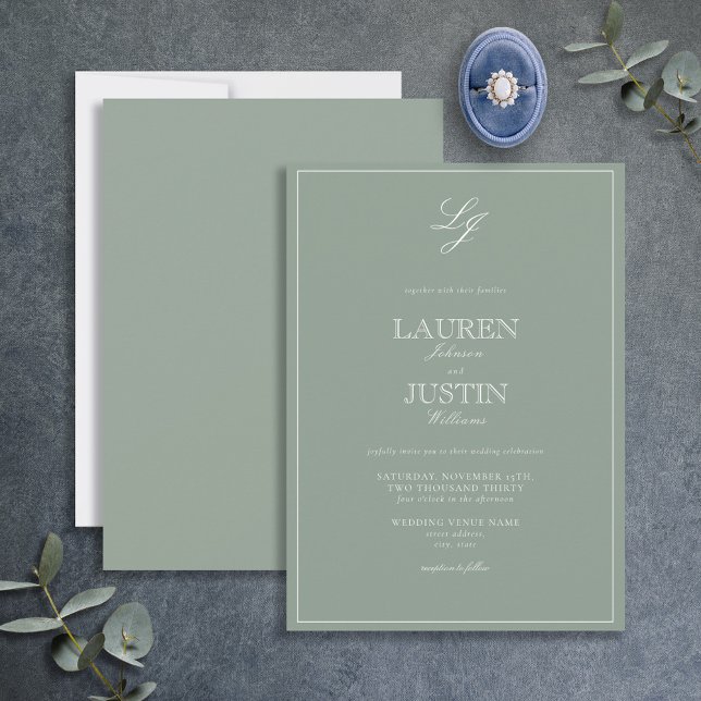 Invitación Boda monograma de guión verde de sabio clásico (Subido por el creador)