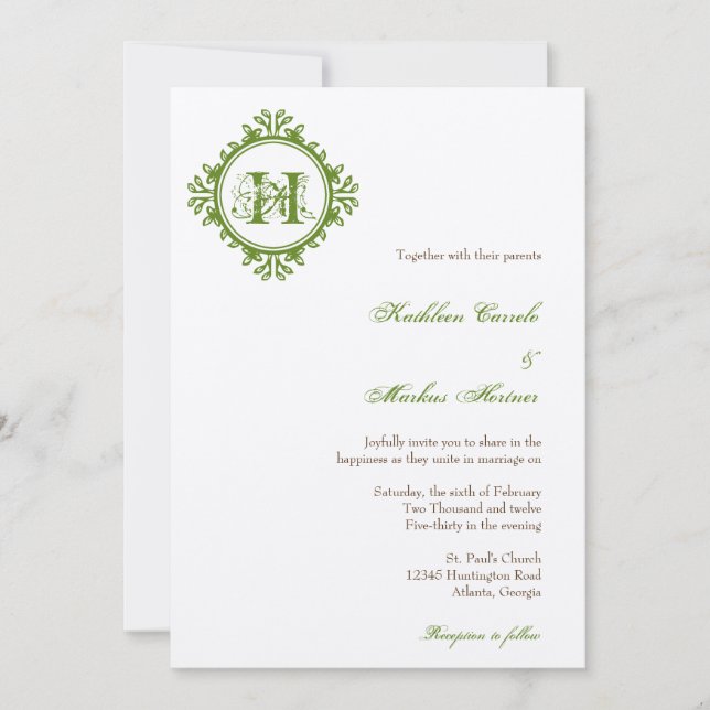 Invitación Boda monograma de hojas verdes de descomposición d (Anverso)