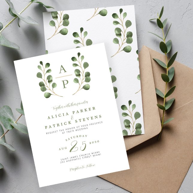 Invitación Boda monograma de hojas verdes modernas (Subido por el creador)