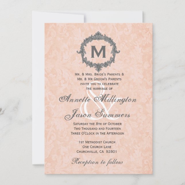 Invitación Boda Monograma de la cosecha plateada del amortigu (Anverso)