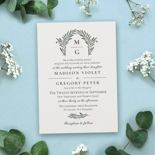 Invitación Boda Monograma de la guirnalda del arco verde blan (Subido por el creador)