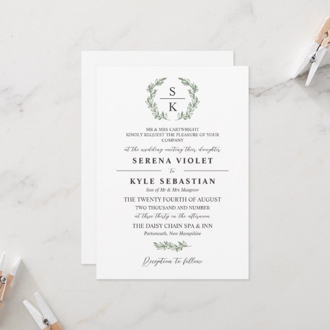Invitación Boda Monograma de la guirnalda verde de la estela  (Anverso/Reverso In Situ)